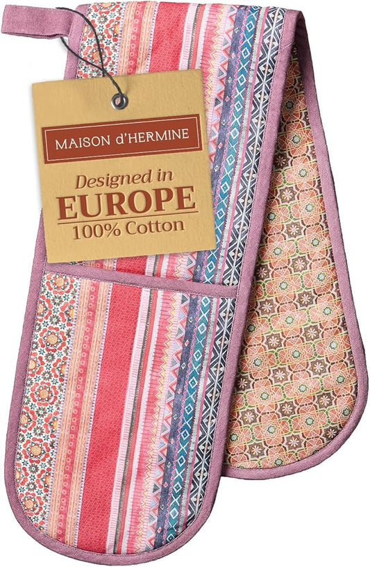 Maison d' Hermine Double Oven Mitts 100% Cotton 7"x35" Double Oven Mitt Heat Resistant BBQ Cooking Gloves with Loop, Baking, Grilling, Home, Kitchen, Handling Hot Pans (Ispahan)