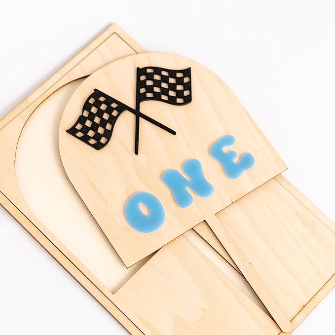 Race Car One Cake Topper - Racing Theme Wooden Cake Topper, Fast One Birthday Decoration for First Birthday Party, Anniversary, Smash Cake, Baby Photo Booth Props...