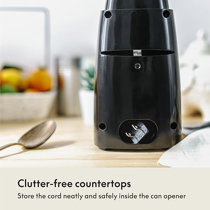 BELLA Electric Can Opener and Knife Sharpener, Multifunctional Jar and Bottle Opener with Removable Cutting Lever and Cord Storage, Stainless Steel Blade, Black