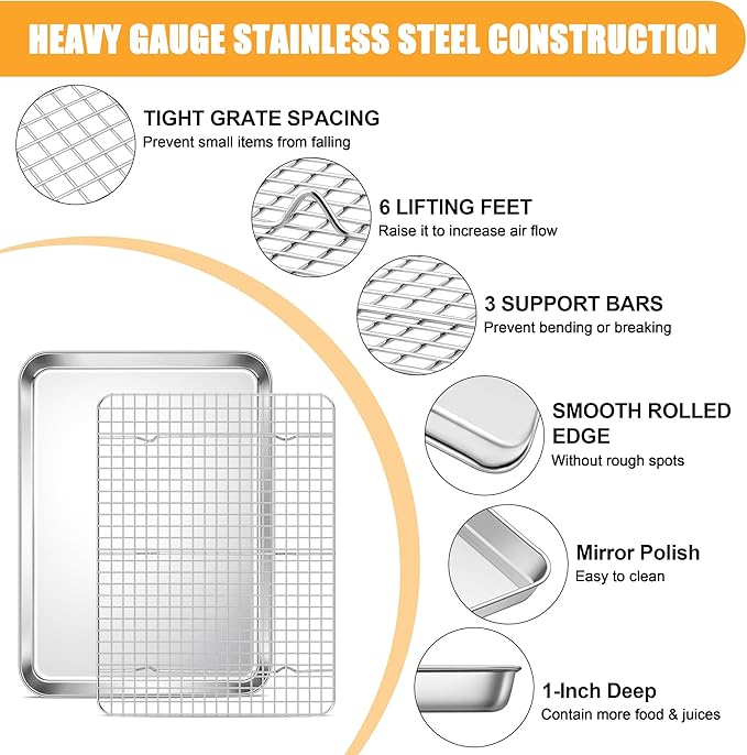 E-far Baking Sheet with Wire Rack Set, 17.6” x 13” Stainless Steel Cookie Sheet Baking Pan for Oven, Rimmed Large Metal Tray with Cooling Rack for Cooking Roasting, Non-Toxic & Dishwasher Safe