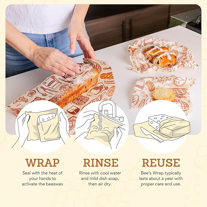 Bee's Wrap Beeswax Wraps for Food - Bakery Lane 3 Pack (S, M, L) Made in USA Reusable & Organic Food Wraps, Sandwich Wrap & Bowl Covers - Eco-Friendly Alternative to Aluminum Foil & Plastic Wrap