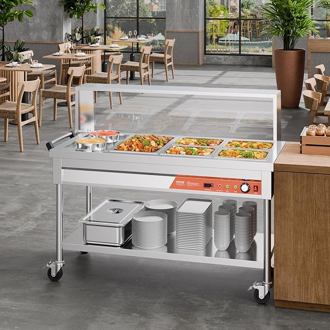 VEVOR Commercial Food Warmer, 5 Pans + 2 Pots Electric Steam Table, 1800W Professional Buffet Catering Food Warmer with Shield Undershelf Wheels, Stainless Steel Server for Party Restaurant Hotel
