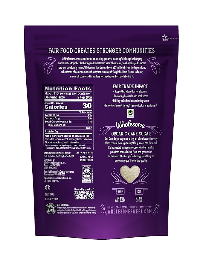 Wholesome Sweeteners 32-Ounce Organic Cane Sugar, Fair Trade, Non GMO, Gluten Free, Pure & Vegan, for Baking and Sweetening, 6 Pack