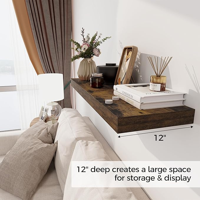 Floating Shelves 36 Inch Long, 12 Inch Deep Floating Shelves for Wall, 36 x 12 Shelves for Wall Storage & Display, 2" Thick Floating Shelf for Bathroom, Living Room, Rustic Brown Color, Set of 2