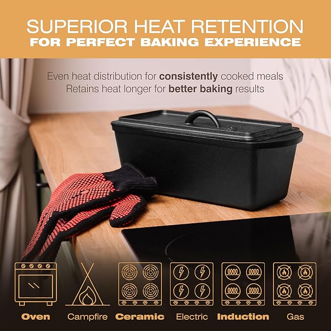 KUHA Cast Iron Bread Loaf Pan with Lid + Heat Resistant Gloves - Pre-Seasoned Cast Iron Bread Pan with Handles - Oven-safe bread pans for homemade bread - Ideal Loaf Pans for Campfire or Home Kitchen