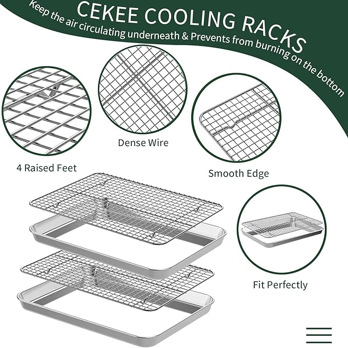 Small Baking Sheet with Rack Set [2 Small Cookie Sheets + 2 Small Baking Racks], CEKEE Stainless Steel Small Baking Pan and Grill Rack - Rust & Warp Resistant & Nonstick, Size 9.33 x 6.96 x 1 Inch