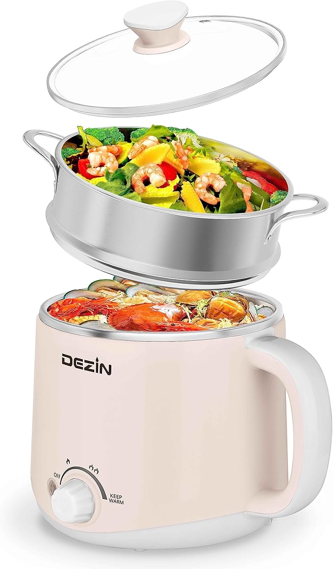 Dezin Hot Pot Electric with Steamer, Rapid Noodles Cooker, Stainless Steel Electric Pot 1.6 Liter, Perfect for Ramen, Egg, Dumpling, Soup, Oatmeal with Temperature Control and Keep Warm Function
