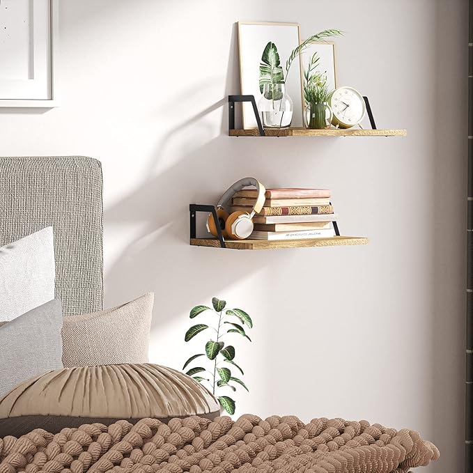 SRIWATANA Floating Shelves Wall Mounted Set of 2 Rustic Wood Shelves with Large Capacity(Carbonized Black)