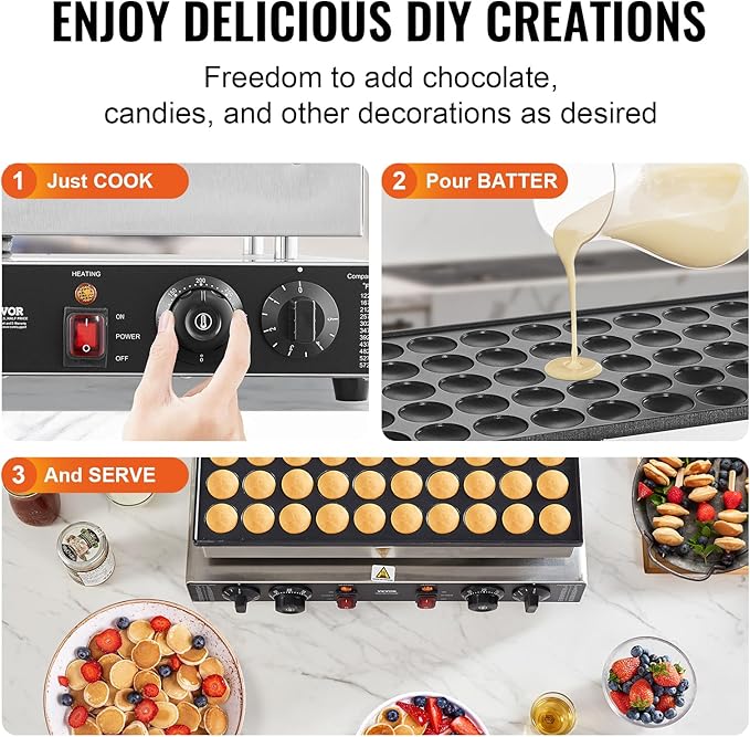 VEVOR 110V Mini Dutch Pancake Baker, 50PCS 1700W Commercial Electric Nonstick Waffle Maker Machine, 1.8 Inches Pancake Maker with 2 Thermostats & 2 Timers Separate Control, for Home and Restaurants