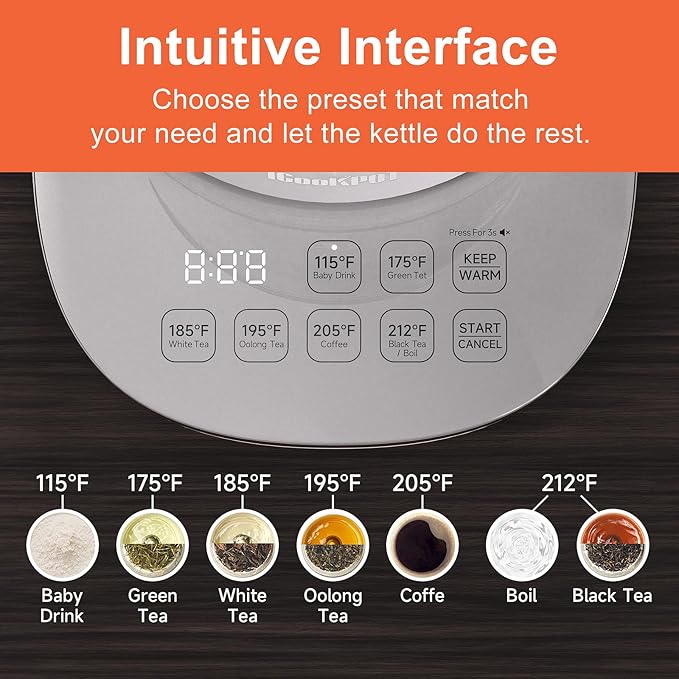 Titanium & Stainless Steel Electric Kettle with Tea Infuser and Temperature Control,1.5L Glass Tea Maker,1500W Rapid Boiling,Programmable Control for your Favorite Teas and Coffee-Grey