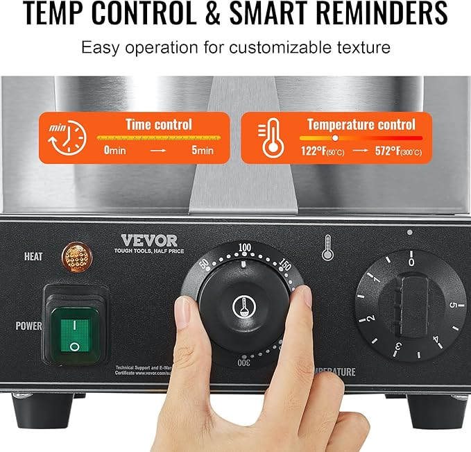 VEVOR Commercial Waffle Maker, 1230W Round Waffle Baker Machine, Non-Stick Stainless Steel Belgian Waffle Iron with Temperature and Time Control, Handle, for Restaurant Bakery Snack Bar Family