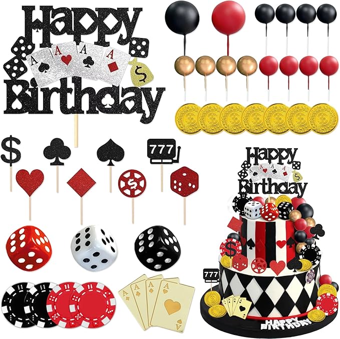 Knana 35Pcs Casino Cake Toppers Dice Poker Cake Topper Casino Theme Party Decorations