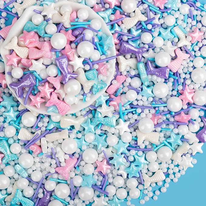 Mermaid Sprinkles,Edible Sugar Pearl Stars Jimmies Mix,130g/4.58oz,Pearl Candy Ocean Sprinkle for Cake Decorating,Summer Baking Fun Decorations,Perfect for Ice Cream,Cookies,Dessert,Donuts,Cupcake Topper,Birthday Children Party Supplies