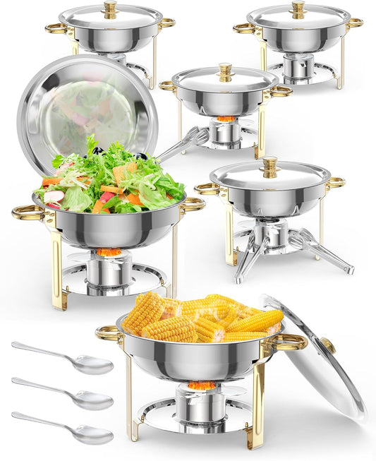 5QT 6 Packs Chafing Dish Buffet Set, NSF Round Stainless Steel Chafers and Warmers Food Servers Sets with Lid & Lid Holder, Spoon & Tweezer for Catering Events Parties Weddings Dinners, Gold