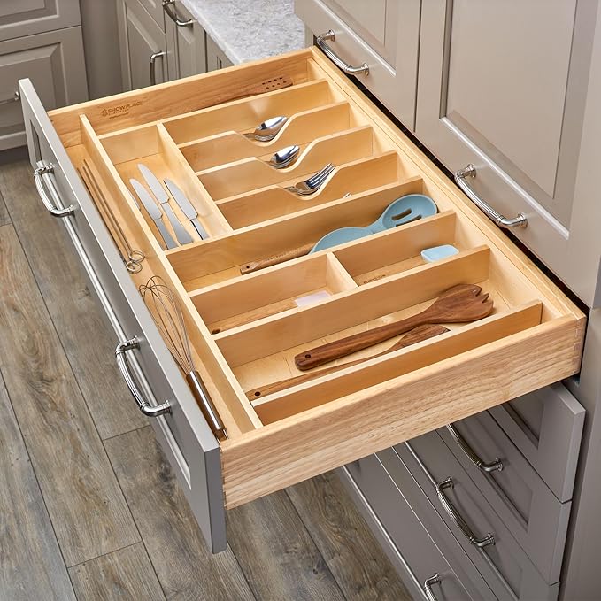 Rev-A-Shelf Trim-to-Fit Silverware Drawer Organizer For Kitchen Utensils, Cutlery Cabinet Storage Divider Insert, 33.13 x 22 In, Maple Wood, 4WUT-36-1