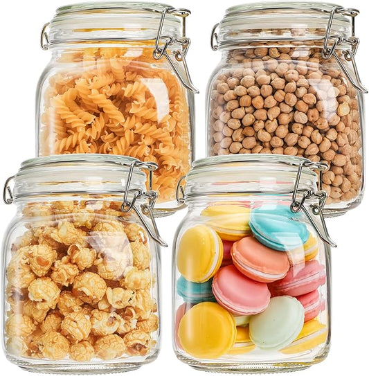 Kingrol 4 Pack 34 Ounces Glass Jars, Wide Mouth Storage Canister Jars with Bail and Trigger Clamp Lids for Pickling, Preserving, Canning, Dry Food Storage