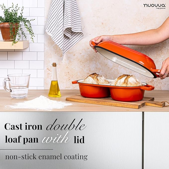 nuovva Dutch Oven For Sourdough Bread Baking – Enamelled Cast Iron Bread Loaf Pot – 500°F Oven Safe Non Stick Bread Pot – Double Round Loaf Space, 16.5cm Diameter, Orange