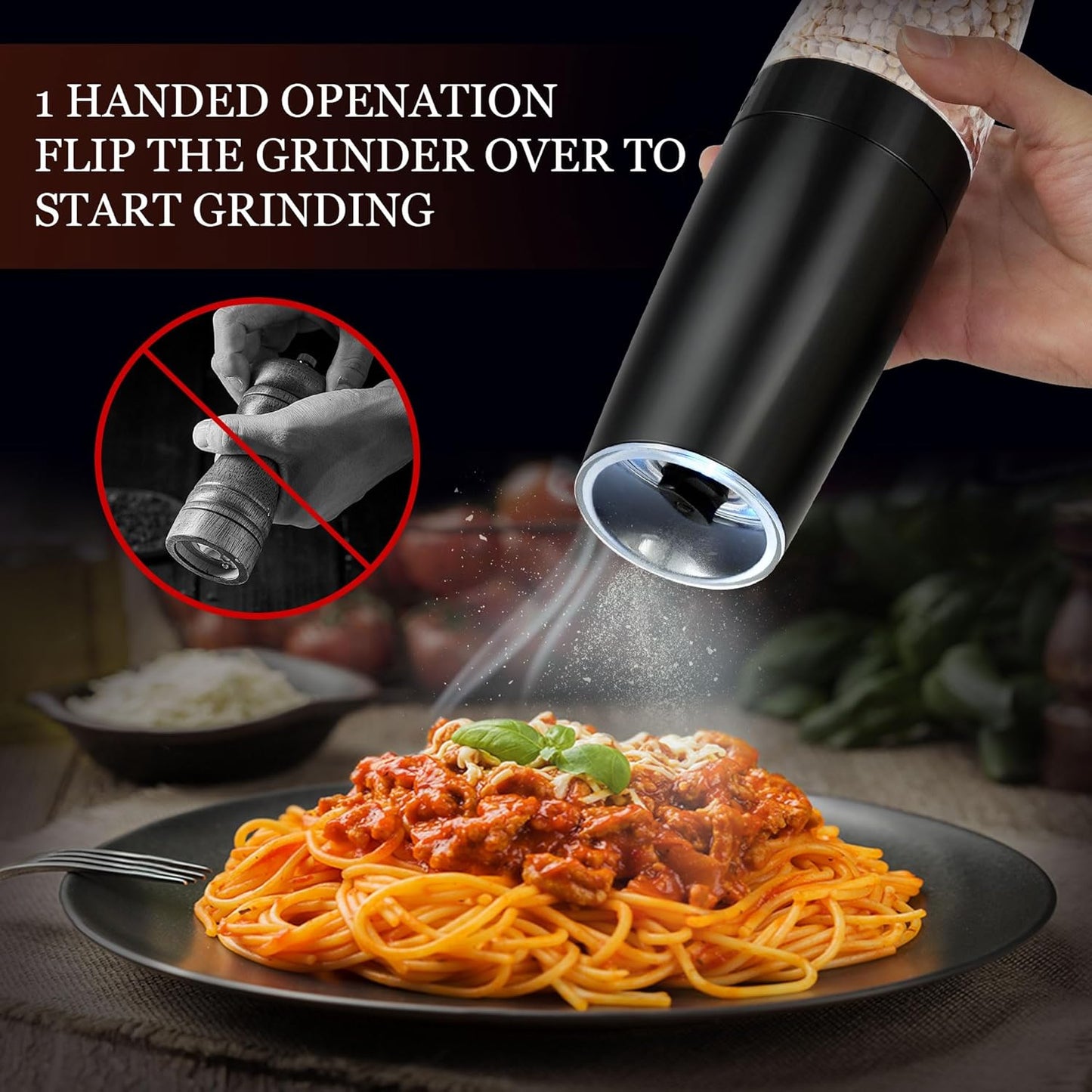 Gravity Electric Salt and Pepper Grinder, Automatic Pepper Mill, USB Rechargeable, Adjustable Coarseness, One-handed Operation, Ceramic Burr, Refillable, Auto Grinders with LED Light