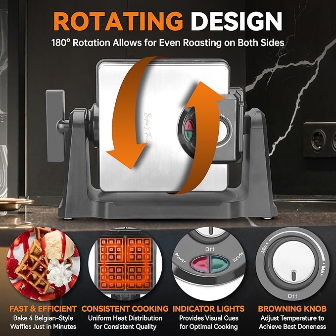 Baker's Friend Mini Waffle Maker Flip, Belgian Waffle Maker Thick, Rotating Waffle Maker with Browning Control, Waflera Electrica, Waffle Irons Non Stick Surface, With Recipe & Brush, Stainless Steel