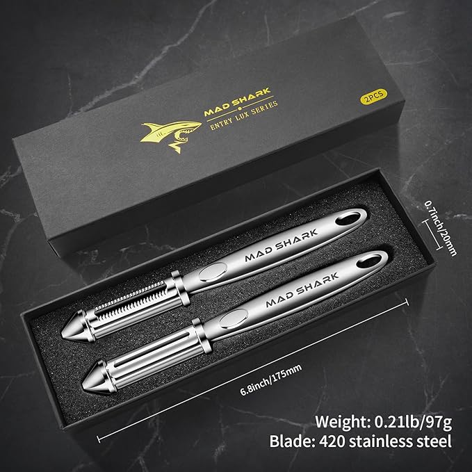 MAD SHARK Ultra Sharp Peeler,Flat/Serrated Blade 2 in 1–10 Years No-Rust,I-Shaped Stainless Steel Peelers,Vegetable Peeler with Ergonomic Non-Slip Handle,Potato Peelers for Kitchen 2pc