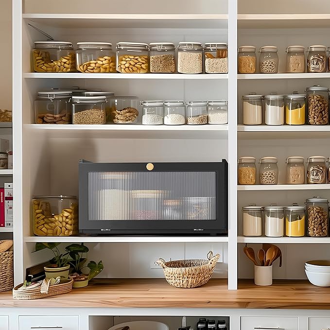 Black Bread Box for Kitchen Countertop-Large Modern bamboo Bread box with Window Bread Storage Container