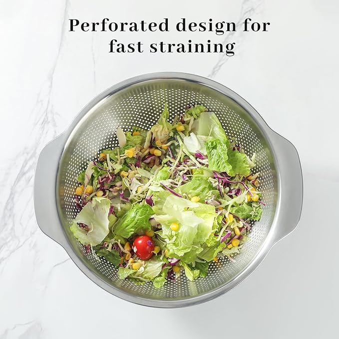 18/8 Stainless Steel Microwell Colander, 2.5QT Large Capacity with Handle Kitchen Food Strainer Basket for Washing Vegetables, Fruits, Rice, and Pasta (primary colour, 2.5QT)
