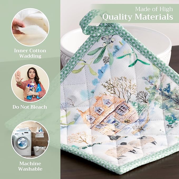 Maison d' Hermine Pot Holders Set 100% Cotton Heat Resistant Potholders 8" x 8" Hot Pads with Loop BBQ, Cooking, Baking, Grilling, Kitchen, Handling Hot Pans (Pack of 2, Snowy World)