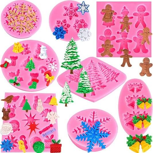 Christmas Silicone Molds Snowflake Molds Mini Xmas Fondant Chocolate Candy Cake Molds Christmas Snowman Tree Snowflake Holly Leaves Santa Claus Baking Molds for Xmas New Year Party Cake Decor