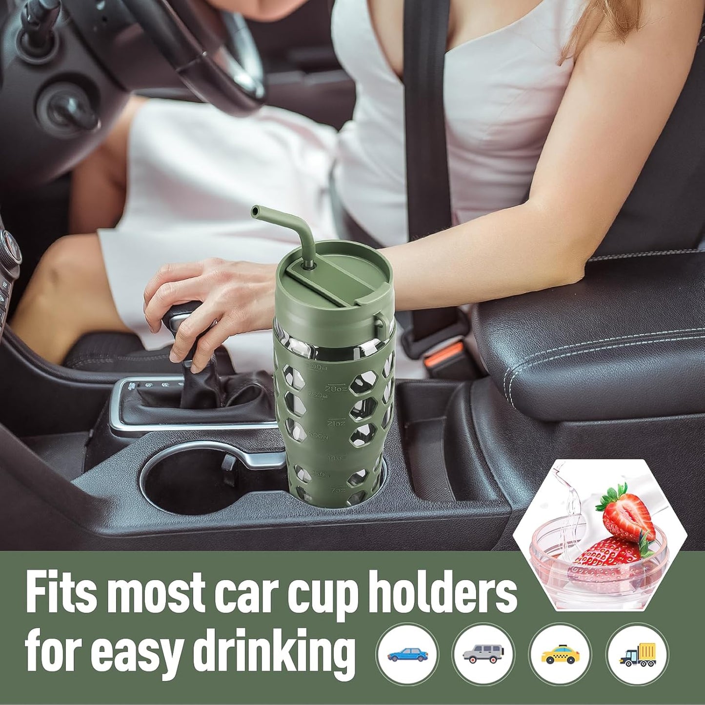 MUKOKO 32 oz Glass Tumbler with Straw,Glass Water Bottles with Time Marker,Iced Coffee Cup with 2 Lids-Handle Spout Lid&Straw Lid,Silicone Sleeve,Leakproof,1 Pack-Olive