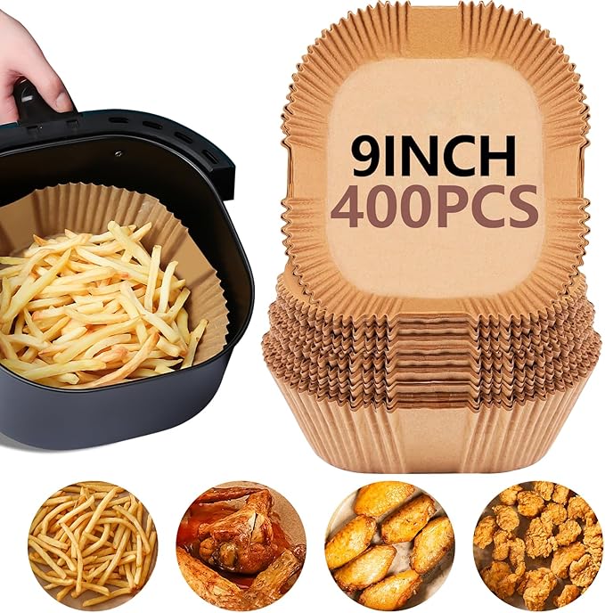 UBeesize 9 Inch Air Fryer Paper Liners, 400 PCS Parchment Paper, Air Fryer Disposable Paper Liners for Microwave, Non-Stick Sheets Square Free of Bleach（Bottom size 8 Inch）