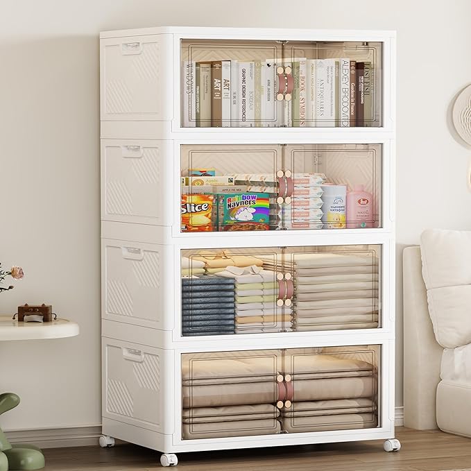 SAILUN 331QT/82 Gal Extra Stackable Storage Bins Large Collapsible Storage Bins with Wheels and Lid, Open Front Folding Closet Organizers and Storage,4Pack 23.6" W x 15" D x 54" H