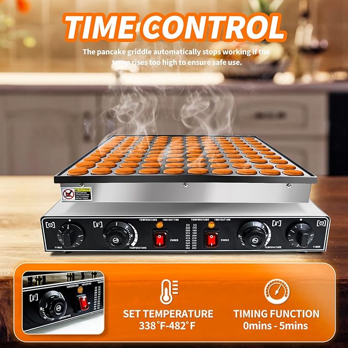 KOOTEN Dutch Pancake Baker,100pcs Electric Commercial Large Waffle Maker,Mini pancakes Maker Machine, Non-Stick Round Stainless Steel Mini Waffle Maker with 2 Thermostats and 2 Timers