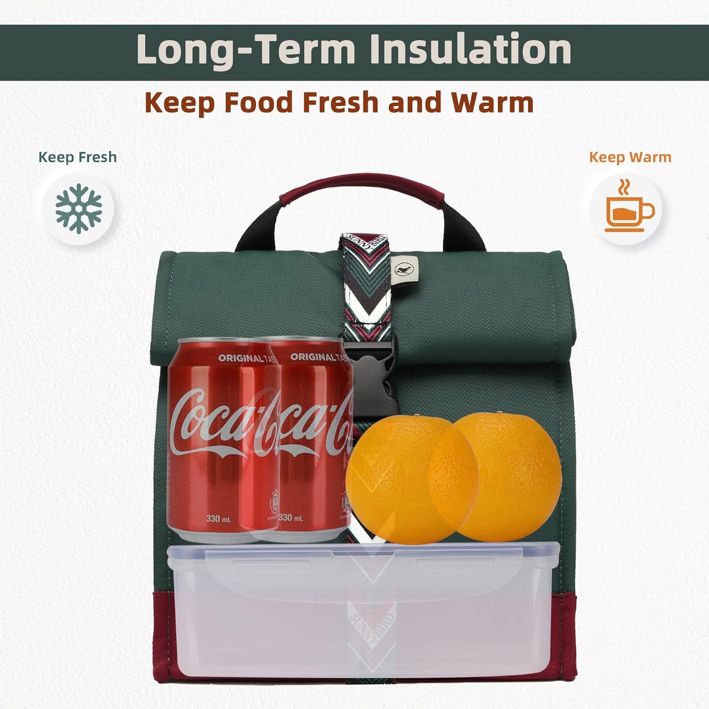 SUNNY BIRD Insulated Lunch Bag Rolltop Lunch Box Tote Bag for Women, Men, Adults and Teens (Green with Boho strap)