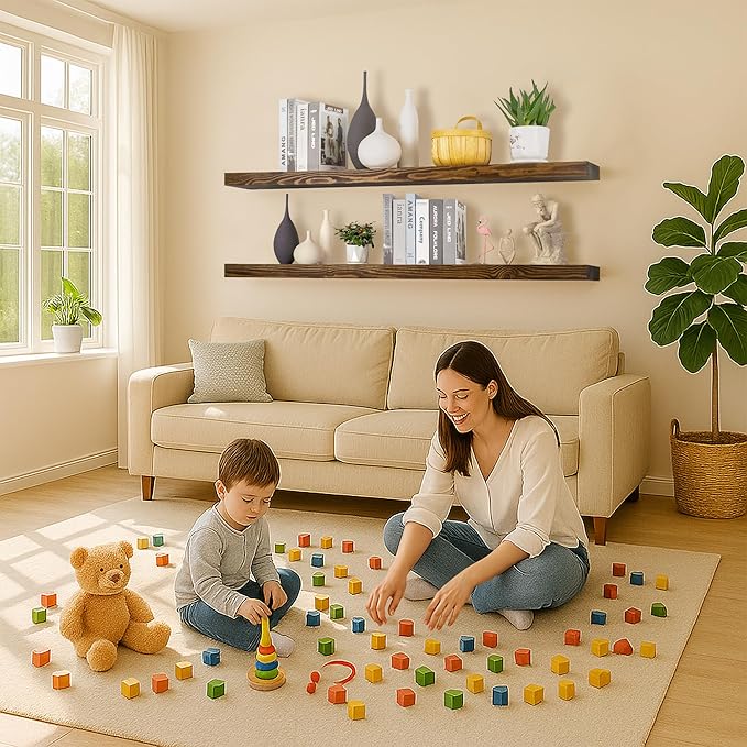 Rustic Floating Shelves 72 inch Long 8 "deep Set of 2, Heavy Duty Wood Wall Mounted Shelves for Bathroom Living Room Kitchen,Book Shelves with Thickened Hidden Bracket- Walnut