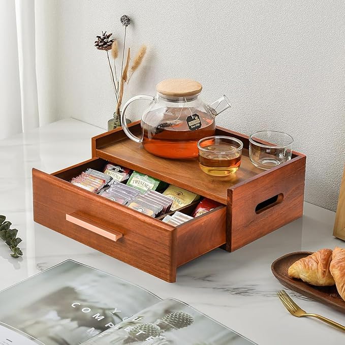 Wooden Tea Bag Organizer, Tea Box Organizer Storage Box, Coffee and Tea Drawer Organizer, Tea Bag Holder Station for Countertop Gift for Tea Lovers Containers for Caddy Packet