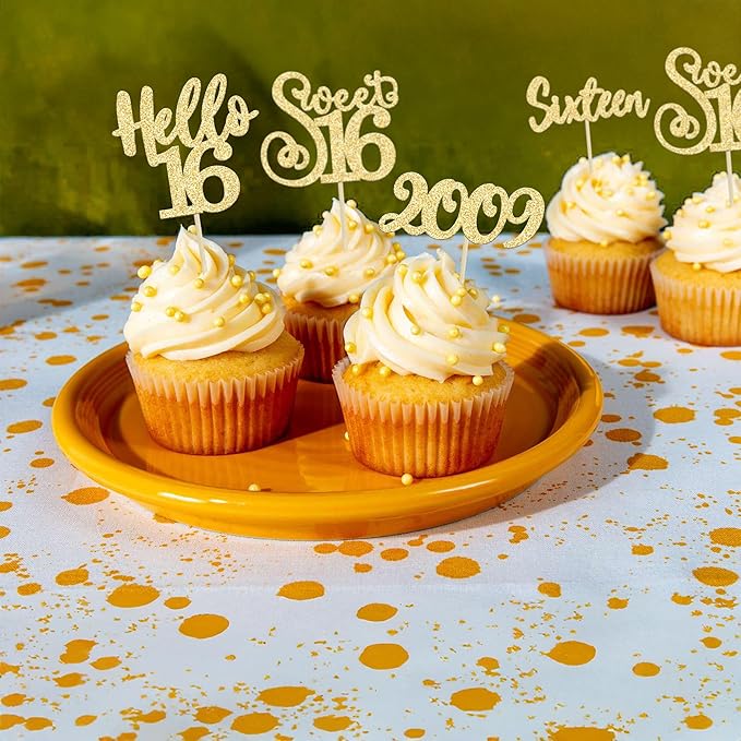 Gyufise 24pcs Sweet 16 Cupcake Toppers - Gold Glitter, Hello 16, Cupcake Picks, Cake Decorations for 16th Birthday Party Supplies