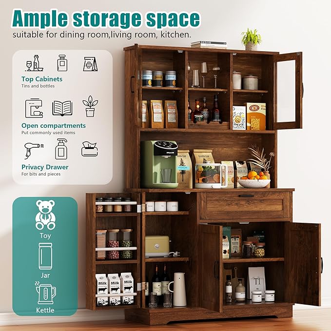 Vongrasig Tall Kitchen Pantry, Food Storage Pantry Cabinet with Hutch and Microwave Stand, Modern Coffee Bar Hutch with Adjustable Shelves for Kitchen, Dining Room, Brown