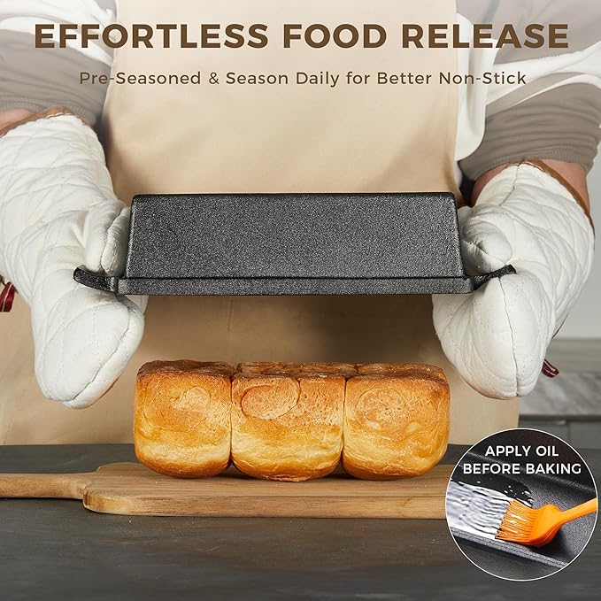 HONGBAKE 2 in 1 Cast Iron Bread Pan with Lid, Lid Lever, Long Oven Mitts, 9x5 Loaf Pans for Homemade Bread, Sourdough Baking Pan, Pre-Seasoned Nonstick Rectangular Dutch Oven, Banana Bread Tins