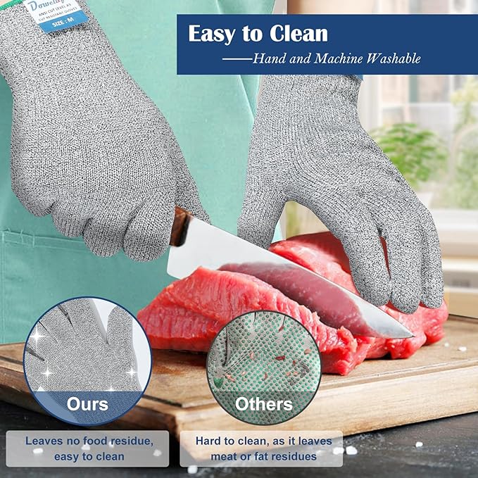 Dowellife Soft Level 9 Cut Resistant Gloves Food Grade, Steel Wire Mixed Kitchen Safety Gloves for Chef Oyster Shucking Mandoline Knife Butcher Meat Cutting Carving (Medium)