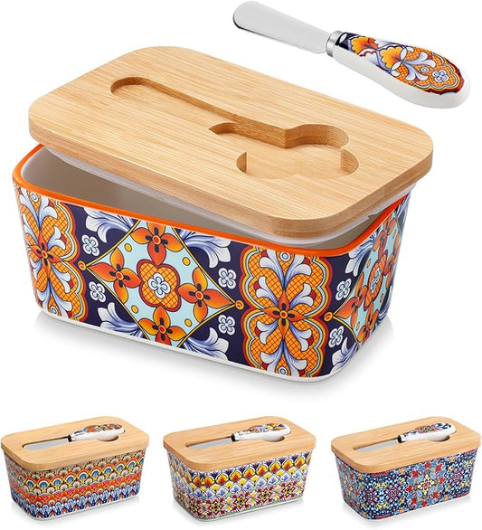 vancasso SIMI Butter Dish with Lid, 6.5" Large Butter Dish for Countertop, Bohemian Ceramic Butter Keeper Container with Knife and Bamboo Lid, Butter Holder for Counter, Amber Elegance