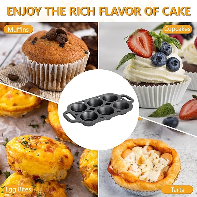 Pre-Seasoned Cast Iron Muffin Pan - 6-Cup Nonstick Cupcake Pan, 2 Piece Set