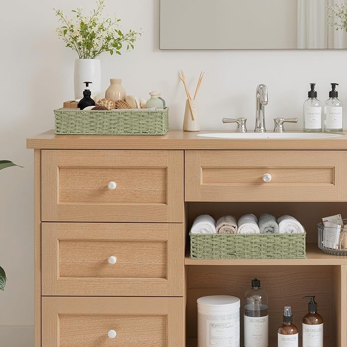 StorageWorks Bathroom Vanity Tray for Countertop, Bathroom Counter Tray for Decorative, Toilet Paper Baskets, Green, Larger, 2 Pack