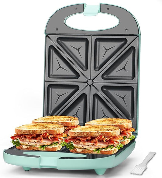Baker’s Friend Breakfast Sandwich Maker, 4 Slices of Panini Grill Press Sandwich Maker, Electric Sandwich Maker with Indicator Light, Grill Cheese & Egg Muffin Sandwich Maker, Aqua
