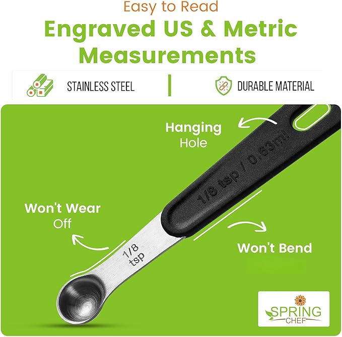 Spring Chef Stainless Steel Magnetic Measuring Spoons Set of 8 with Leveler, Round Metal Teaspoon & Tablespoon Measuring Spoons - Kitchen Gadgets For Baking and Cooking