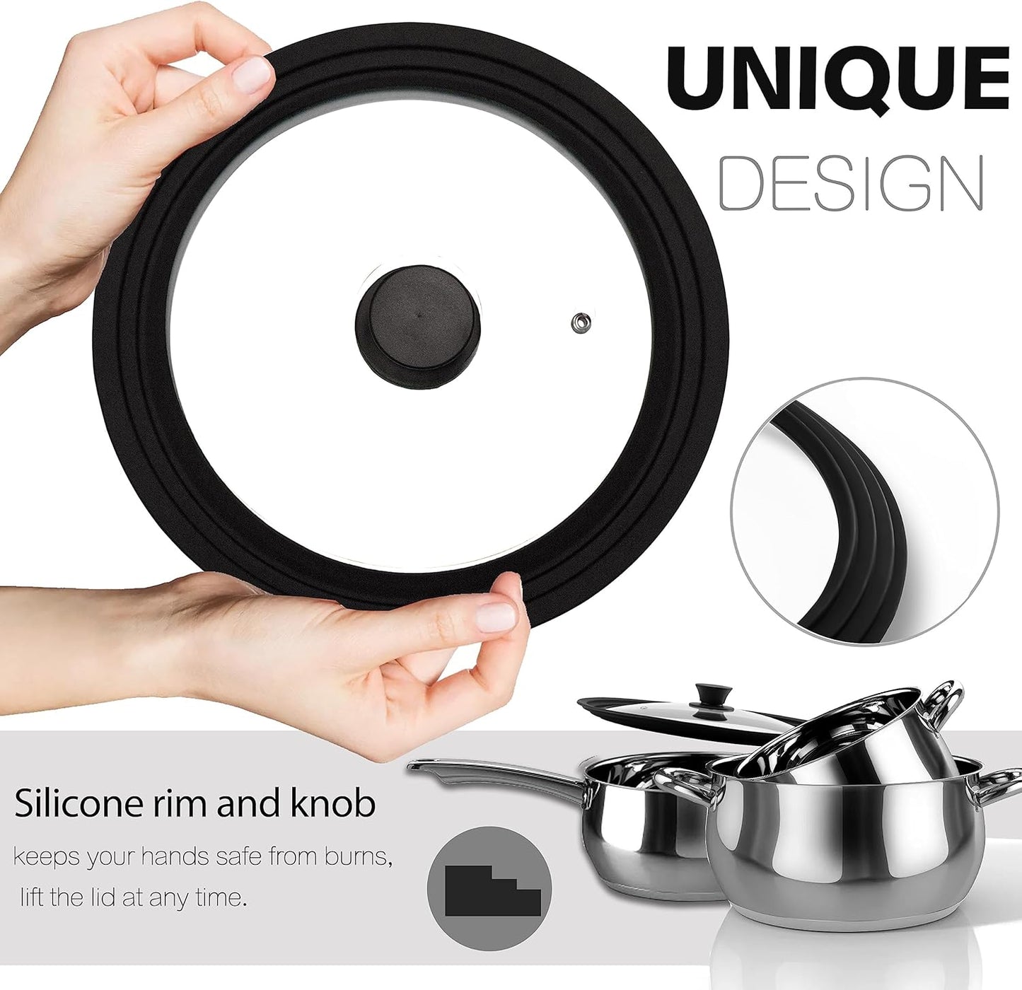 Tempered Glass Lid - Universal Lid with Heat Resistant Silicone Rim for Pots, Pans and Skillets - Pan Cover Replacement Lid Fits 6.5", 7" and 8" Diameter Cookware