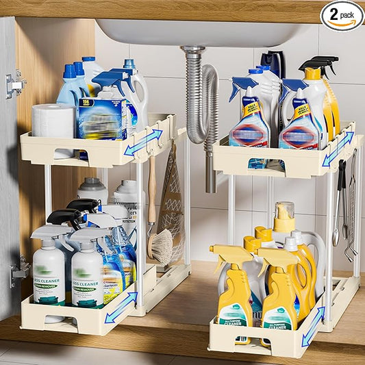 Delamu Under Sink Organizers and Storage, 2 Pack Pull Out Kitchen Bathroom Cabinet Organizer, 2 Tier Beige Under Sink Storage for Bathroom Kitchen