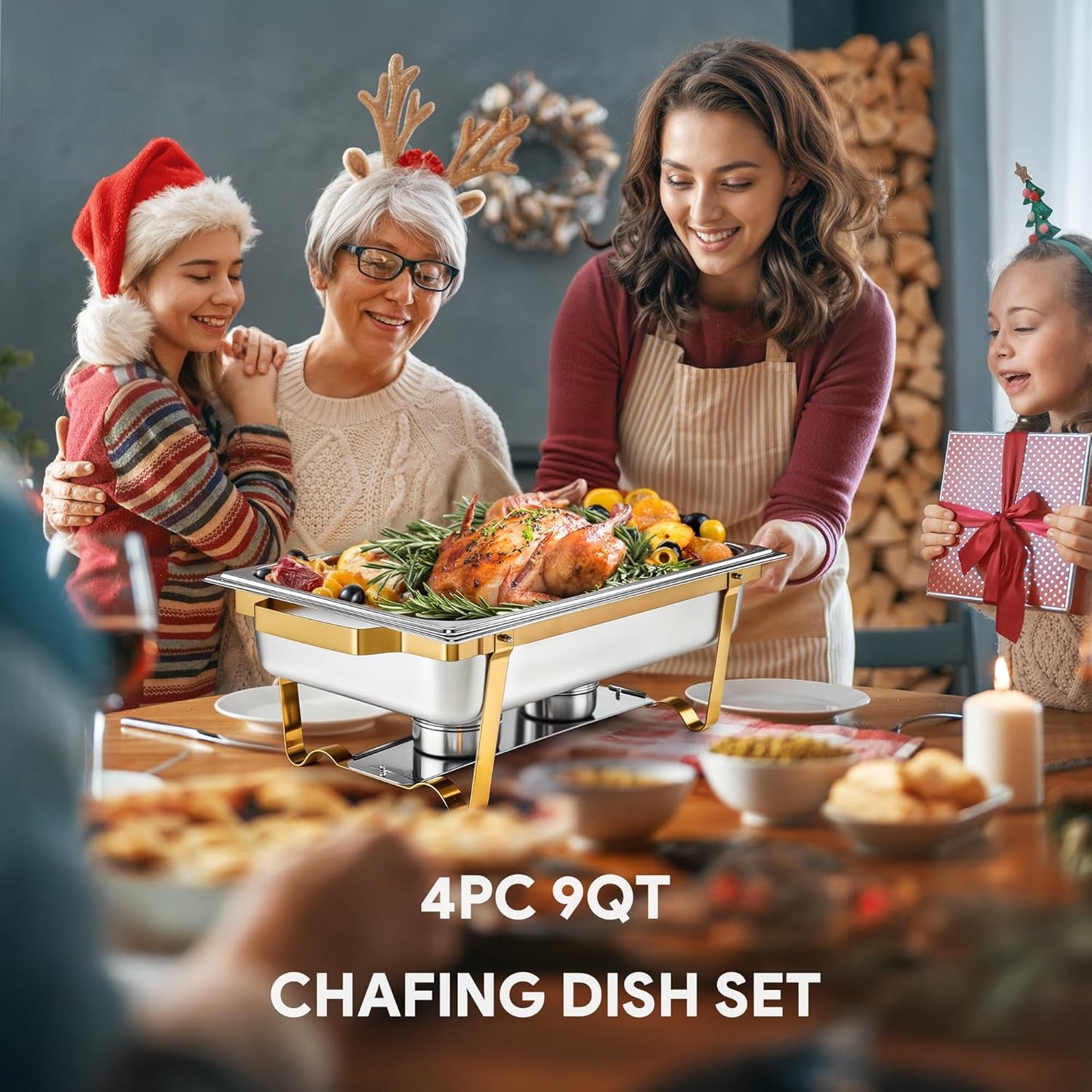 WILPREP Chafing Dishes for Buffet, 4 Pack 9 qt Chafer and Buffet Warmer Set with Full Size Pans & Foldable Frames, Food Grade Stainless Steel Food Warmers for Parties Buffets Banquets, Gold & Silver