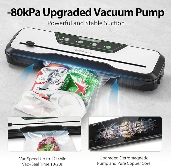 Automatic Food Vacuum Sealer Machine | Beelicious Pro 80KPa 8-In-1 Food Vacuum Saver with Starter Kits | 15 Bags, Pulse Function, Moist&Dry Mode and External VAC for Containers, Stainless Steel