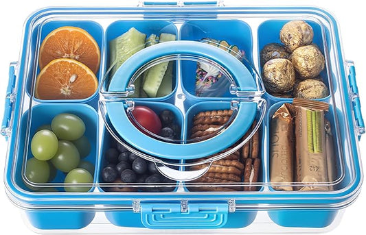 Divided Serving Tray with Lid and Handle - Snackle Box Charcuterie Container for Portable Snack Platters Organizer for Candy, Fruits, Nuts, Snacks - Perfect for Party, Entertaining, Cerulean