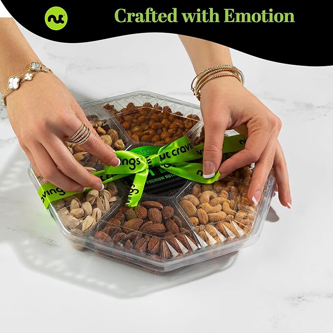 NUT CRAVINGS - Mixed Nuts Gift Basket + Green Ribbon (7 Assortments, 1 LB) Food Arrangement, Healthy Snack Care Package, Food Assortments